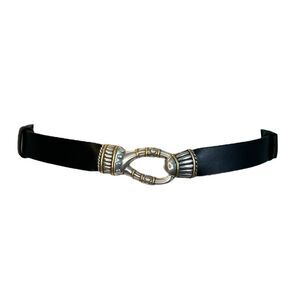 Chico’s Belt Black Split Leather Silver Gold Tone Metal Clasp Slide Adjustable